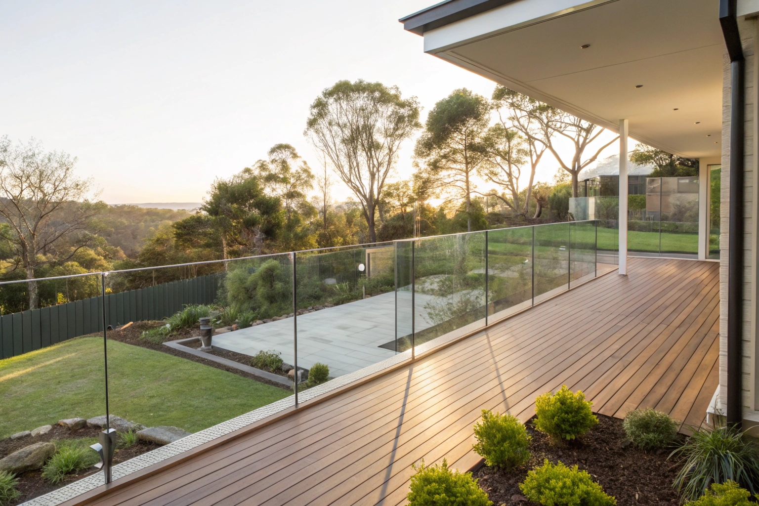 Elevated deck with frameless glass balustrade panels on Adelaide home