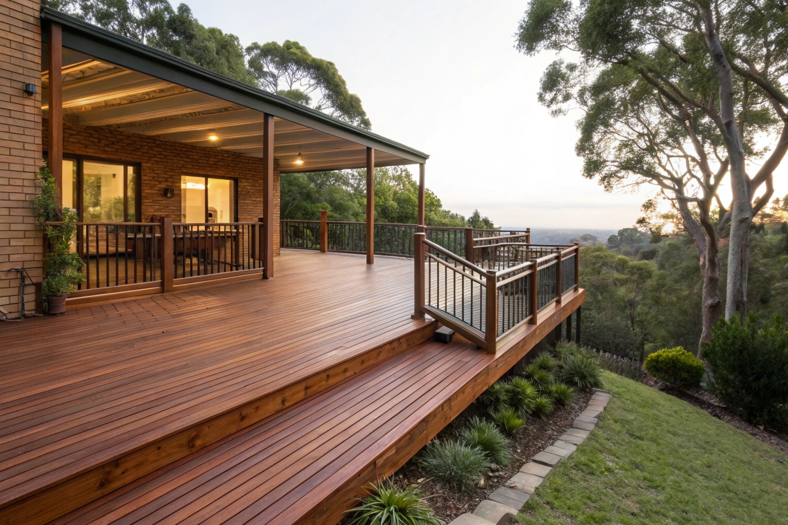 Large timber entertaining deck on sloped Adelaide Hills residential property