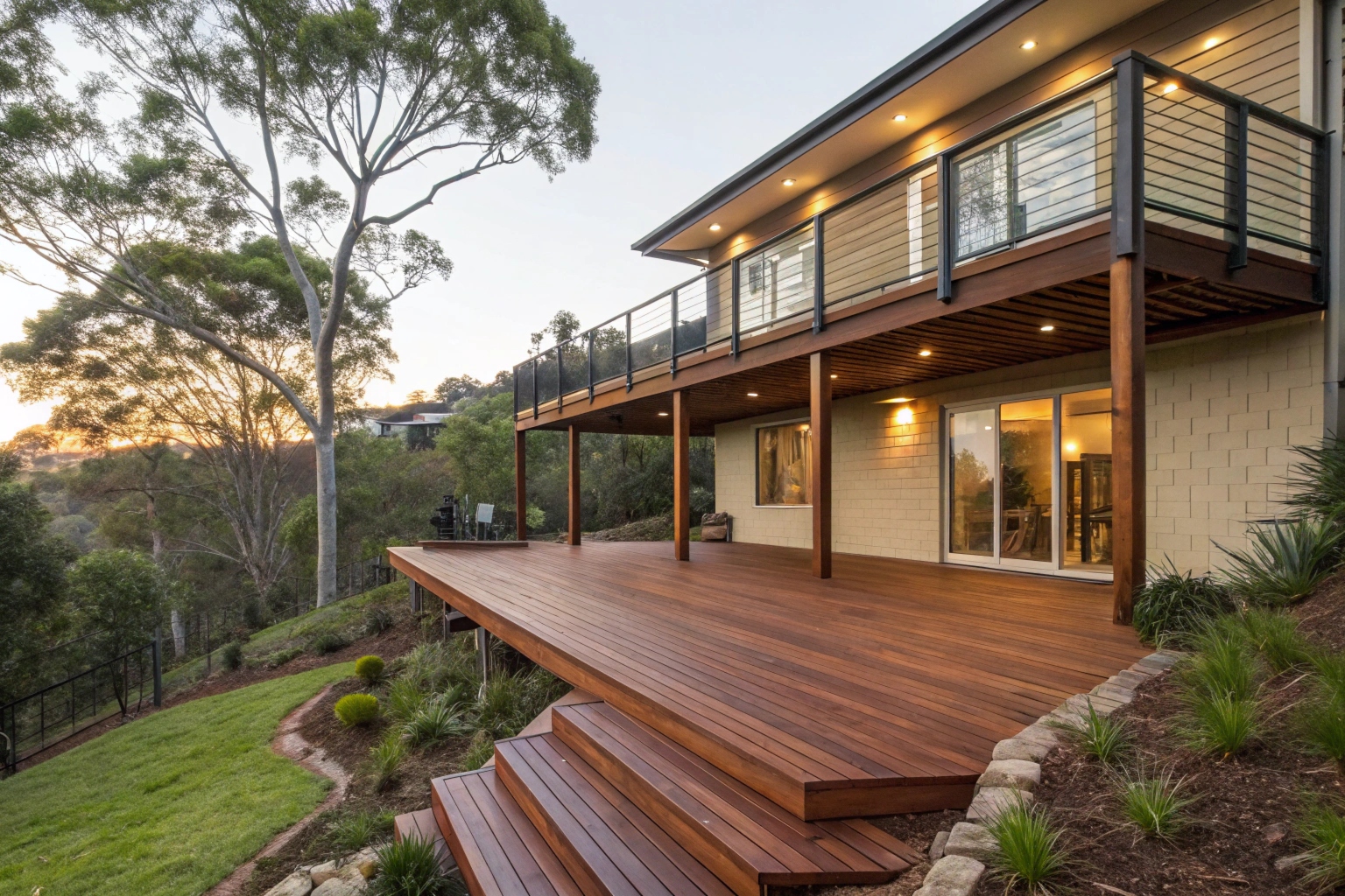 Custom elevated hardwood timber deck on a sloped residential block in Adelaide