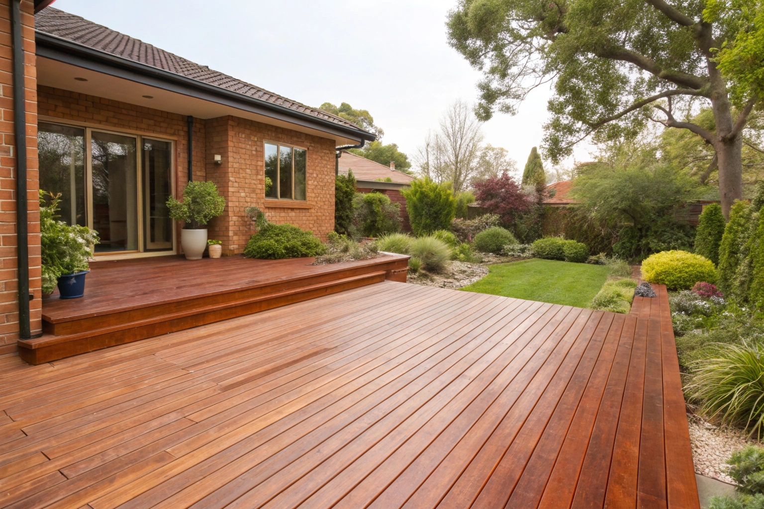 Freshly installed Merbau timber deck in an Adelaide residential backyard