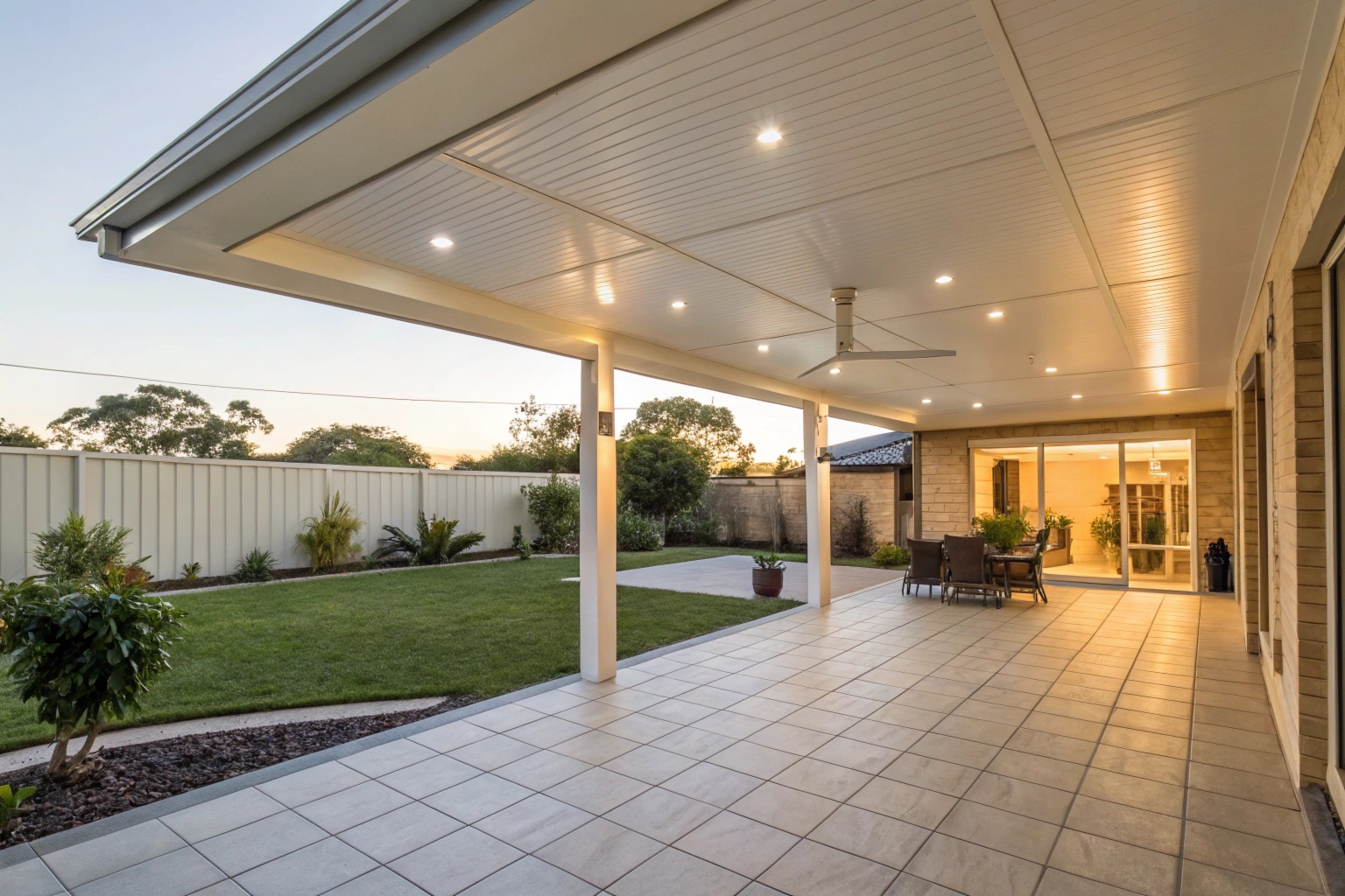 Insulated panel patio roof installed on an Adelaide backyard entertaining space
