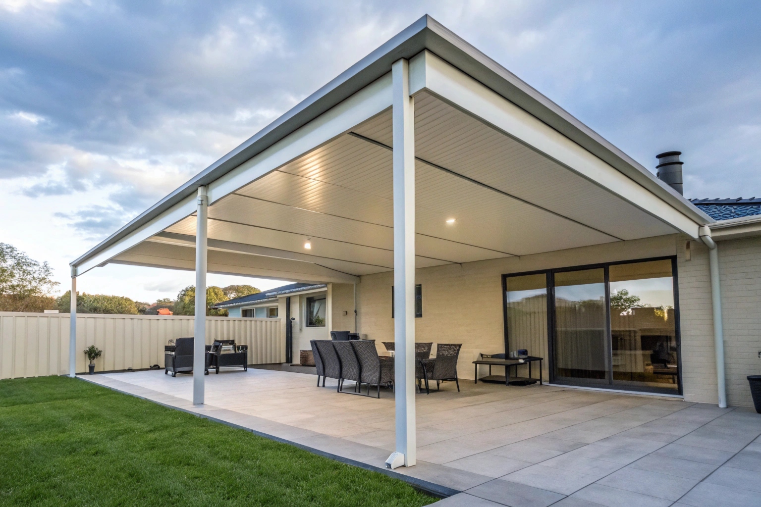 Colorbond insulated patio roofing over an Adelaide backyard outdoor living space