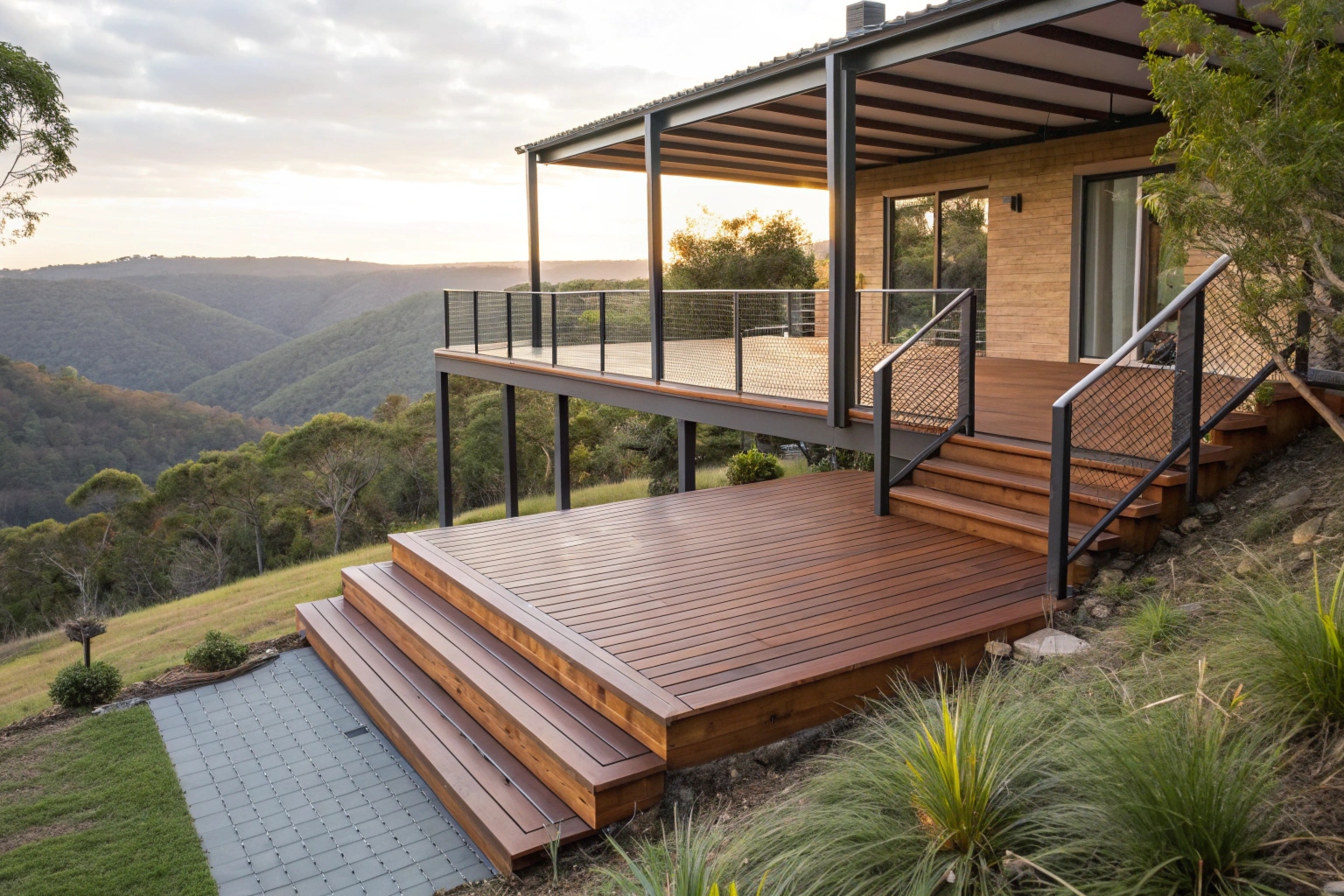 Elevated composite deck installation on a sloped residential block in Adelaide