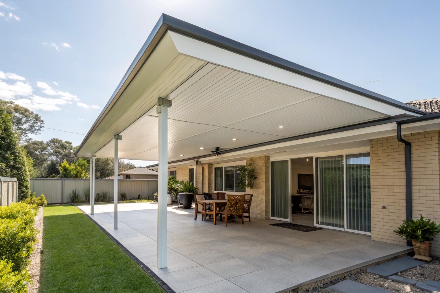 Insulated patio roofing installed over an outdoor entertaining area at an Adelaide home