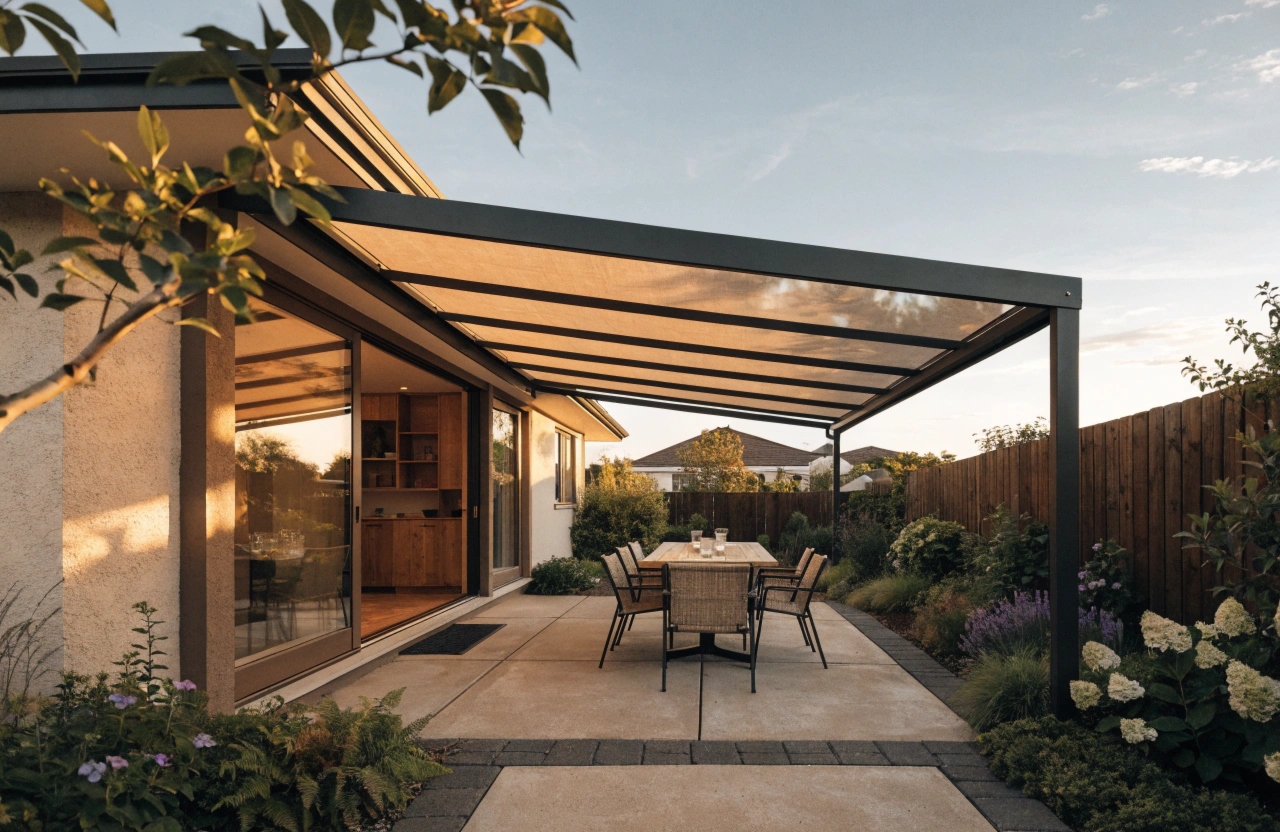 Fabric retractable canopy pergola shading an alfresco dining area in Adelaide