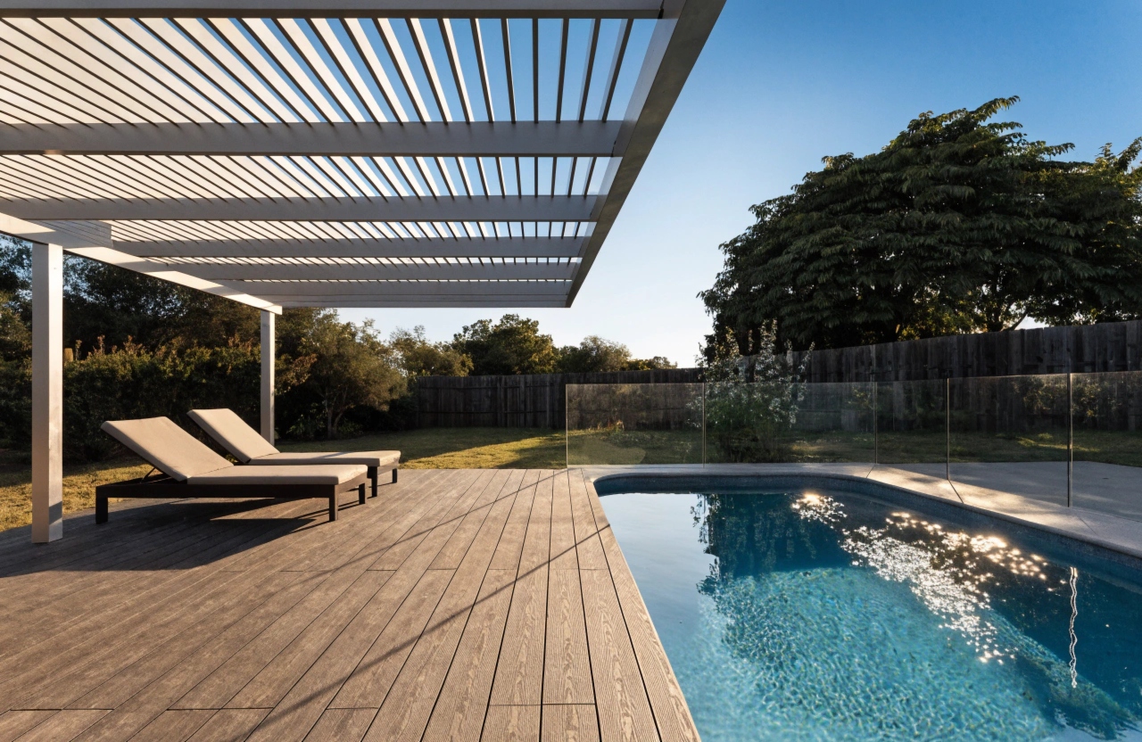 Aluminium pool pergola with open rafter roof over a backyard pool in Adelaide