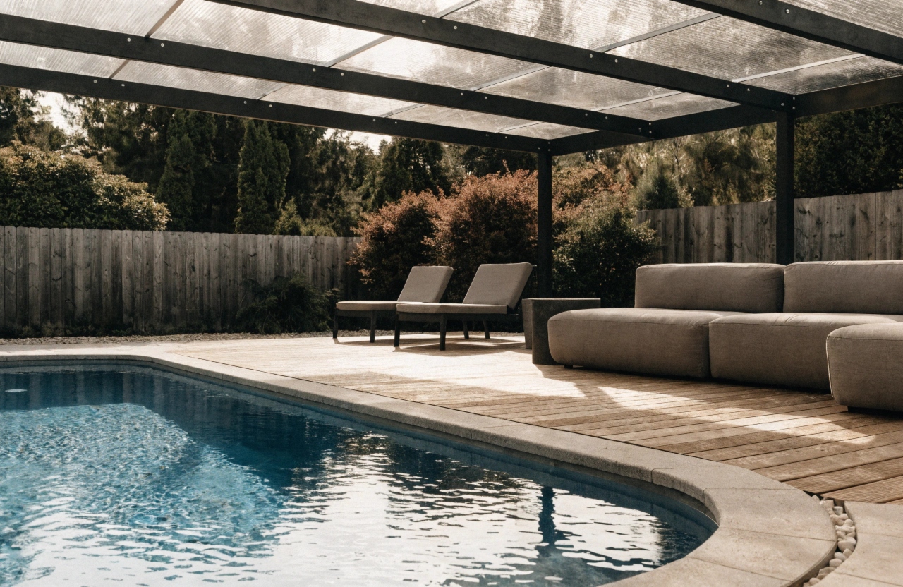 Polycarbonate roof pool pergola providing shade over outdoor lounge furniture beside a pool
