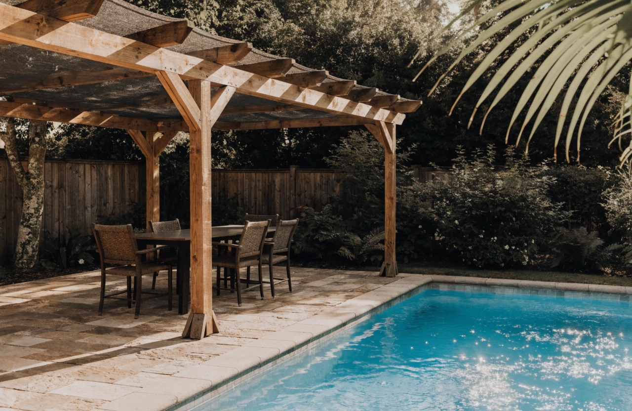 Timber pool pergola creating a shaded entertaining area beside an Adelaide backyard pool