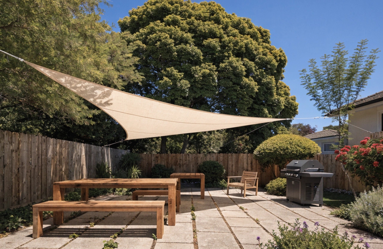 Triangular shade sail installed over an Adelaide backyard entertaining area