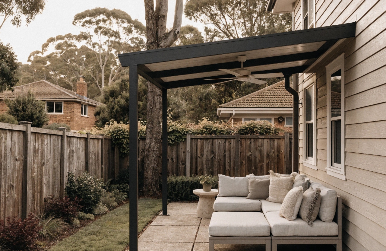 Attached pergola with insulated roof panels creating an all-weather alfresco space