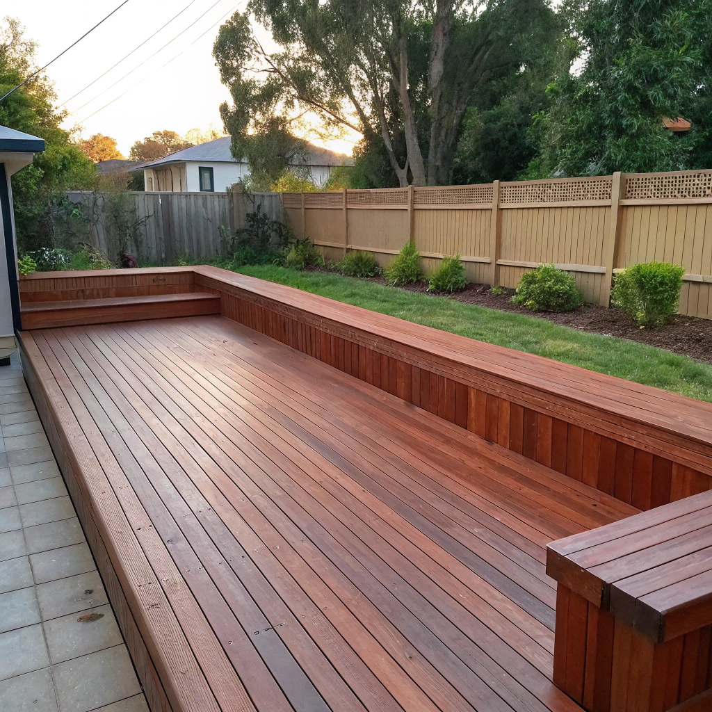 Deck extension with built-in timber bench seating Adelaide backyard