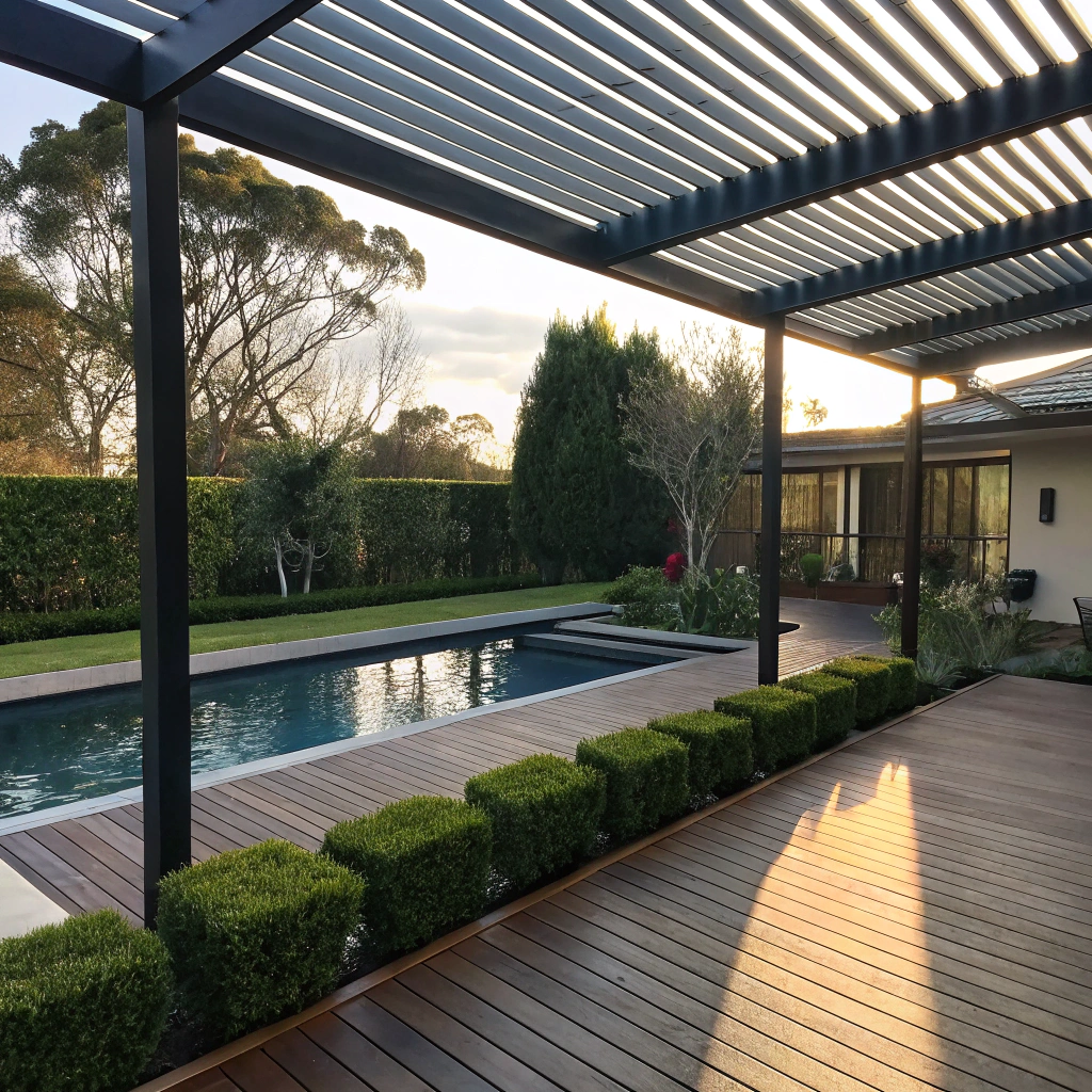 pool decking with pergola shade structure Adelaide backyard