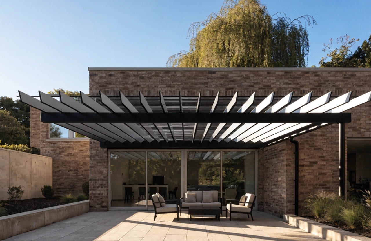 Retractable roof pergola with aluminium louvre blades open over an Adelaide backyard entertaining area