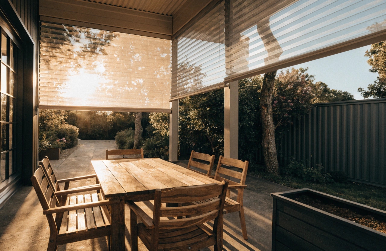 Screened patio in Adelaide with clear café blinds partially lowered over an outdoor entertaining area