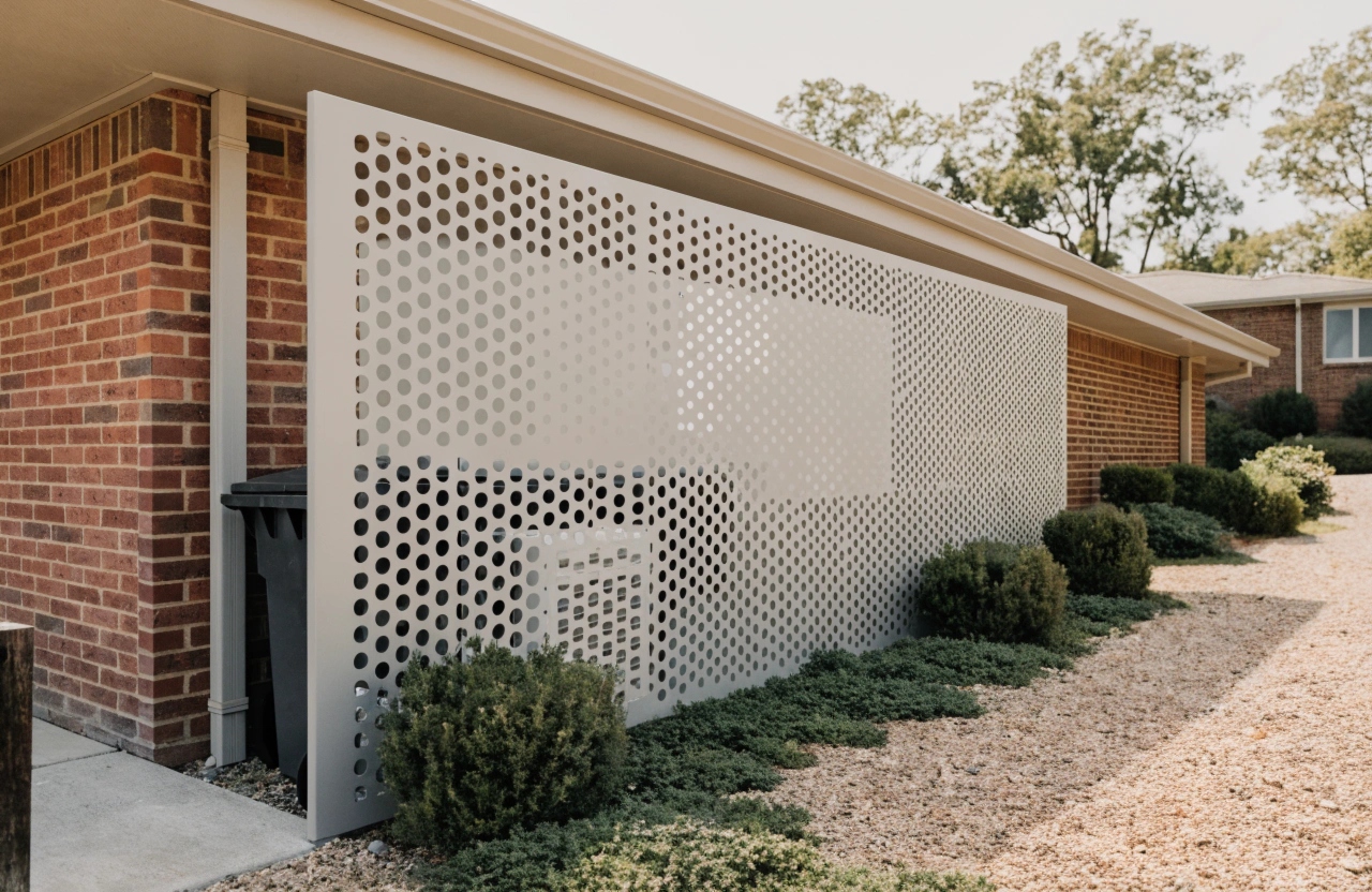 Perforated privacy screen concealing a service area with bins and air conditioning unit