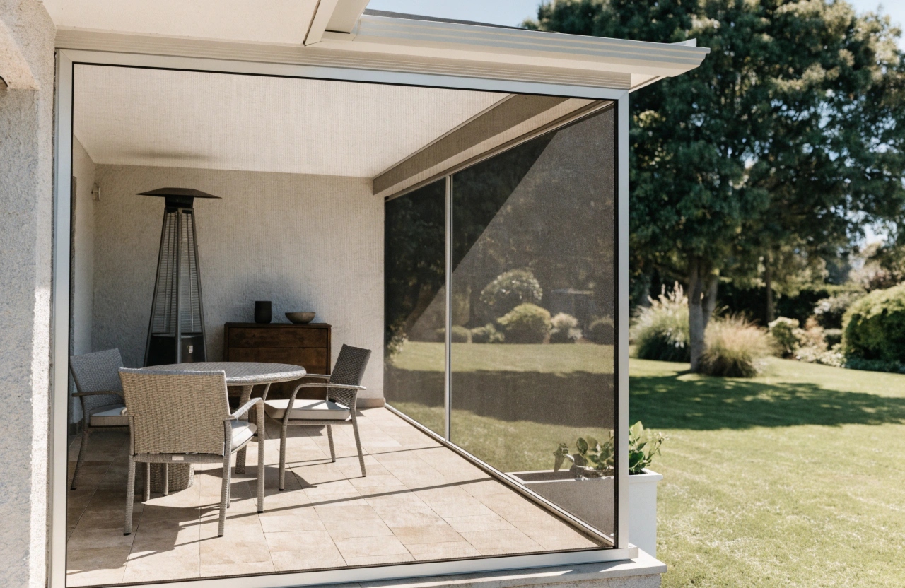 Aluminium framed fly screen enclosing the side of a patio at an Adelaide property
